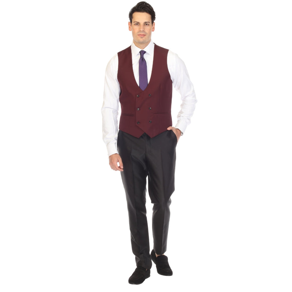 Men's Burgundy Double Breasted Vest Set - Cruz Adjustable Wedding Waistcoat with Bow Tie, Necktie & Pocket Square, Sizes 36-54 | Ferrecci
