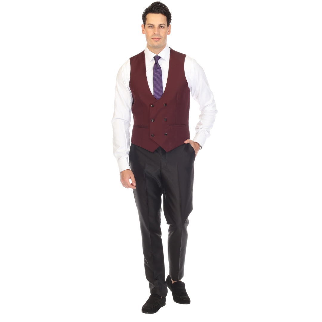 Men's Burgundy Double Breasted Vest Set - Cruz Adjustable Wedding Waistcoat with Bow Tie, Necktie & Pocket Square, Sizes 36-54 | Ferrecci