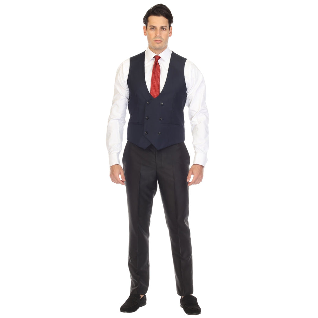 Men's Navy Double Breasted Vest Set - Cruz Adjustable Wedding Waistcoat with Bow Tie, Necktie & Pocket Square, Sizes 36-54 | Ferrecci