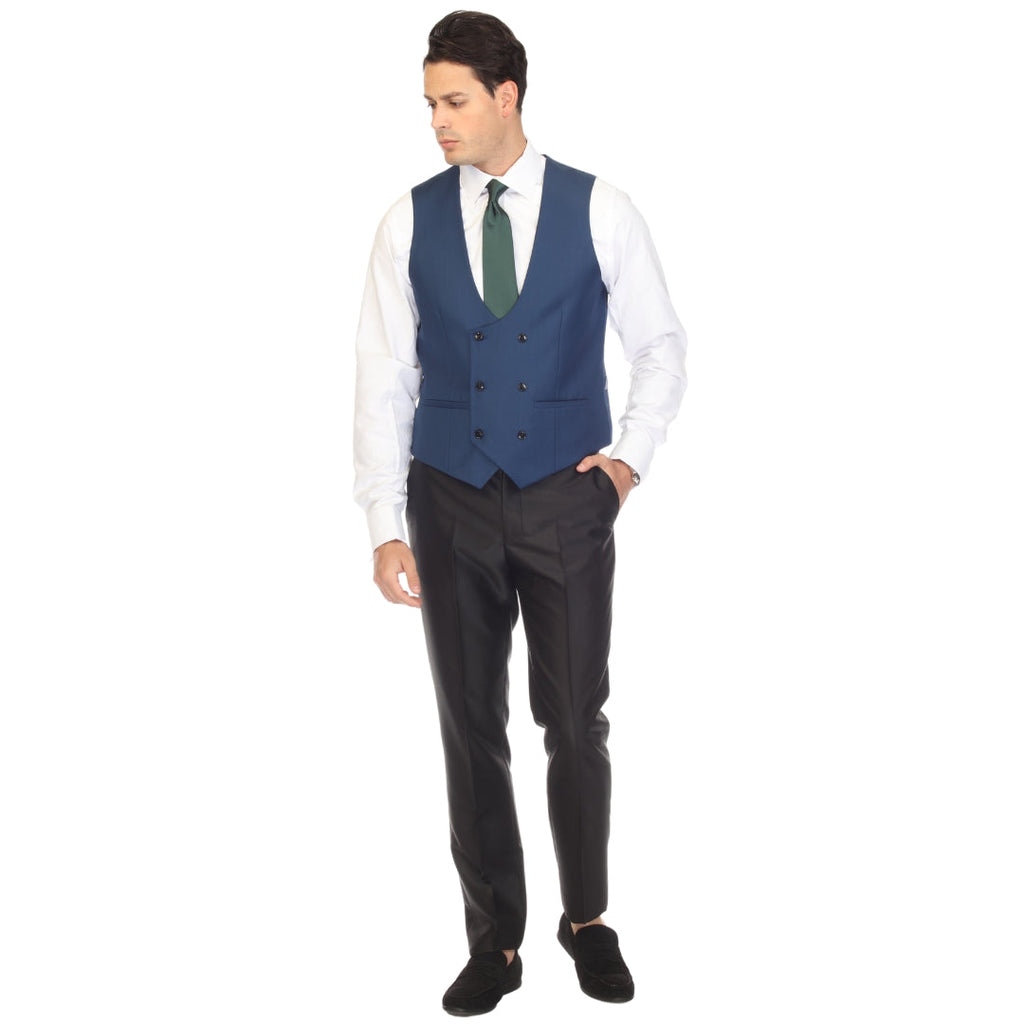 Men's Indigo Double Breasted Vest Set - Cruz Adjustable Wedding Waistcoat with Bow Tie, Necktie & Pocket Square, Sizes 36-54 | Ferrecci