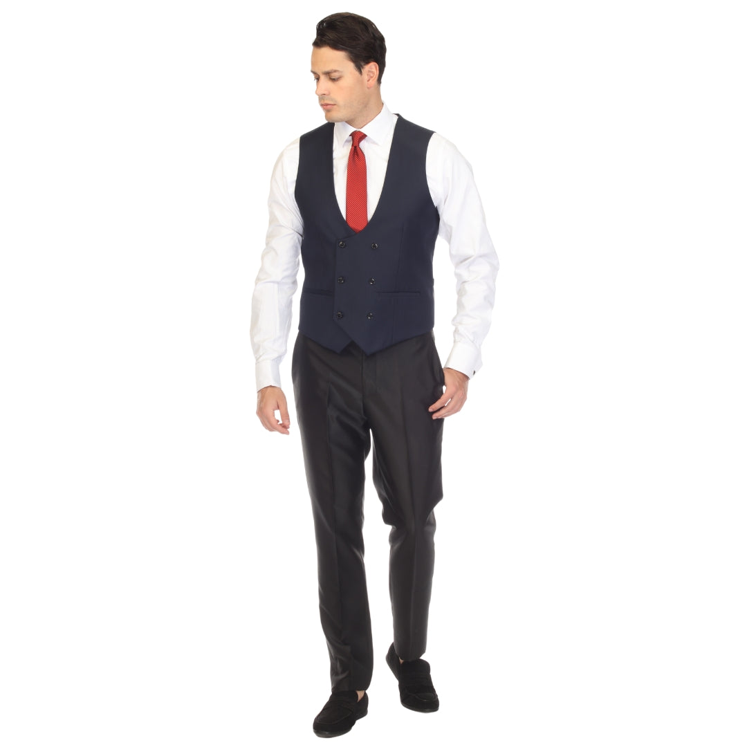 Men's Navy Double Breasted Vest Set - Cruz Adjustable Wedding Waistcoat with Bow Tie, Necktie & Pocket Square, Sizes 36-54 | Ferrecci