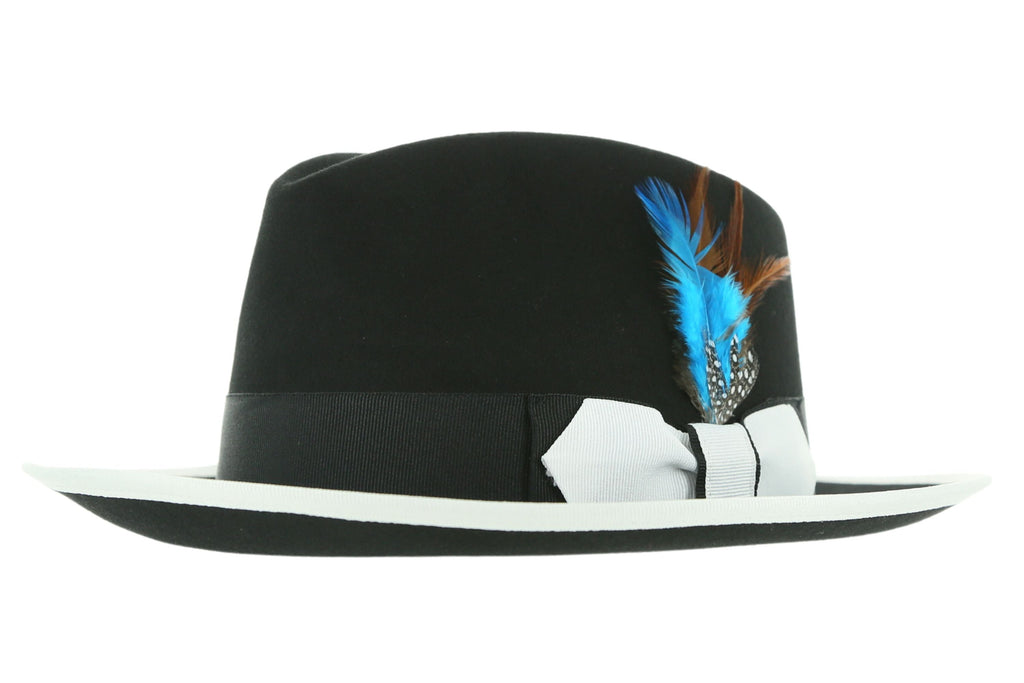 Ferrecci Jacob Trilby Soft 100% Australian Wool Felt Body With Removable Feather Black White Hat Great for Travel