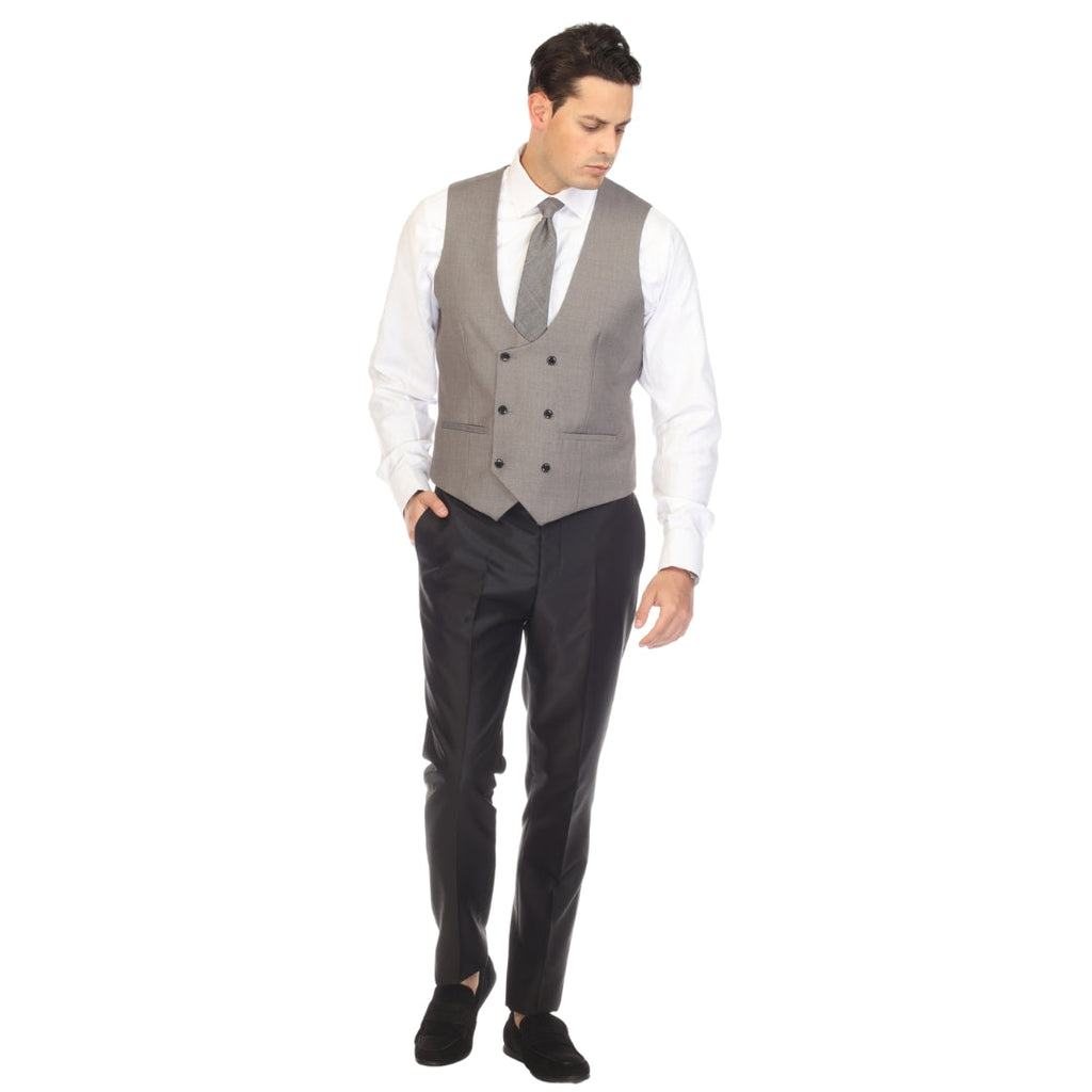 Men's Grey Double Breasted Vest Set - Cruz Adjustable Wedding Waistcoat with Bow Tie, Necktie & Pocket Square, Sizes 36-54 | Ferrecci