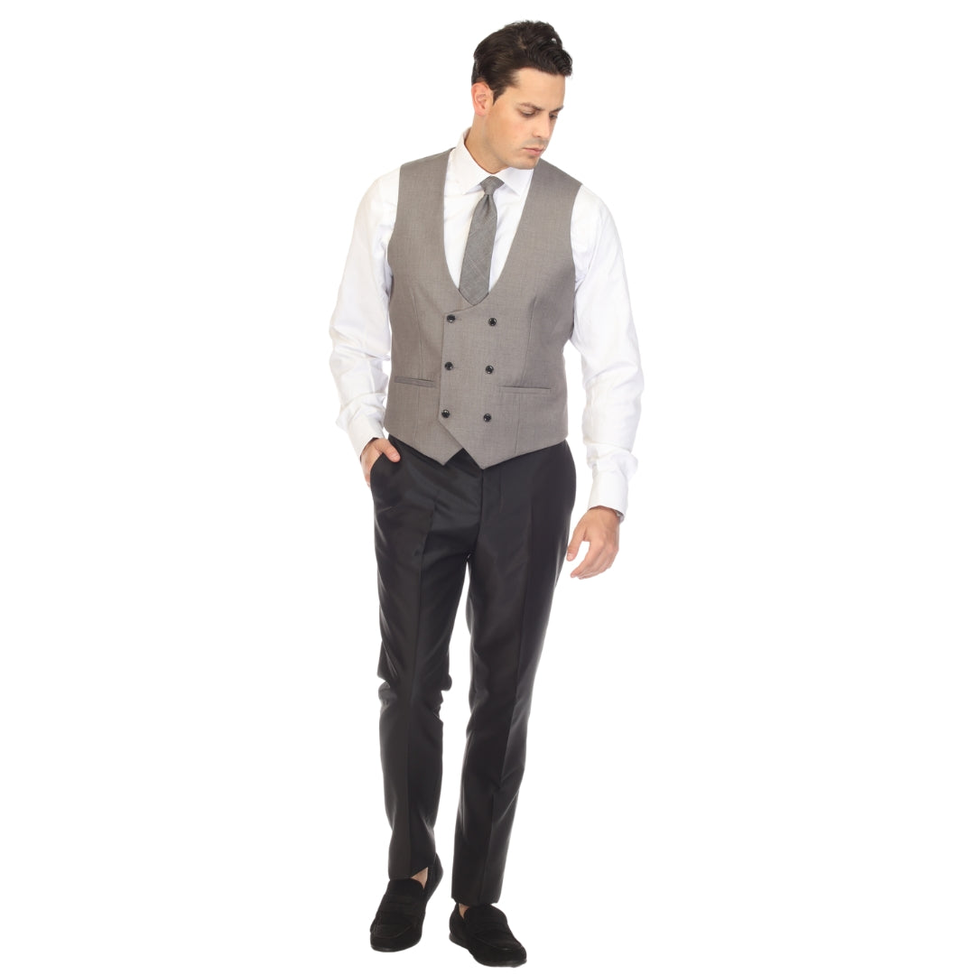 Men's Grey Double Breasted Vest Set - Cruz Adjustable Wedding Waistcoat with Bow Tie, Necktie & Pocket Square, Sizes 36-54 | Ferrecci