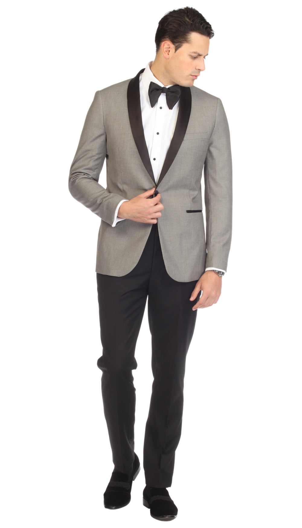 Ferrecci Men's Reno Grey and Black Slim Fit Shawl Lapel 2 Piece Tuxedo Suit Set