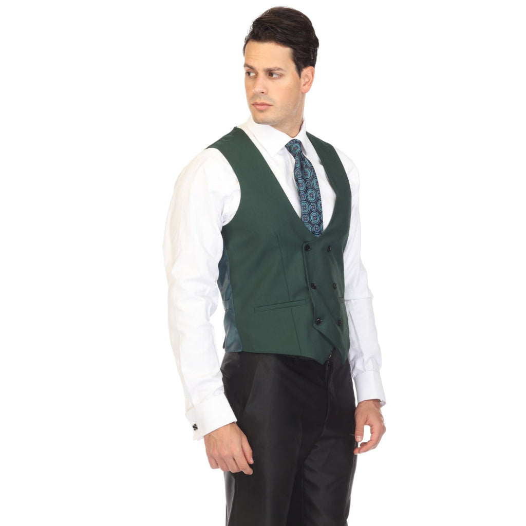 Men's Hunter Green Double Breasted Vest Set - Cruz Adjustable Wedding Waistcoat with Bow Tie, Necktie & Pocket Square, Sizes 36-54 | Ferrecci