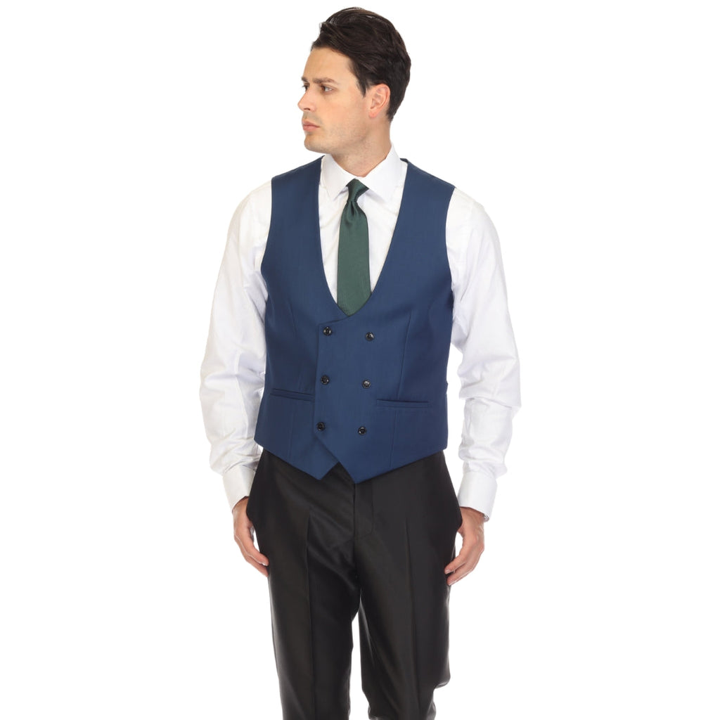 Men's Indigo Double Breasted Vest Set - Cruz Adjustable Wedding Waistcoat with Bow Tie, Necktie & Pocket Square, Sizes 36-54 | Ferrecci
