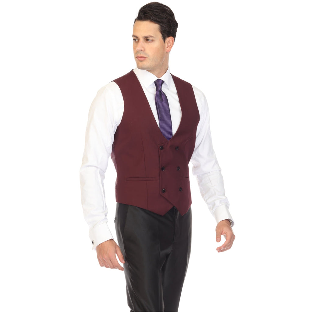 Men's Burgundy Double Breasted Vest Set - Cruz Adjustable Wedding Waistcoat with Bow Tie, Necktie & Pocket Square, Sizes 36-54 | Ferrecci