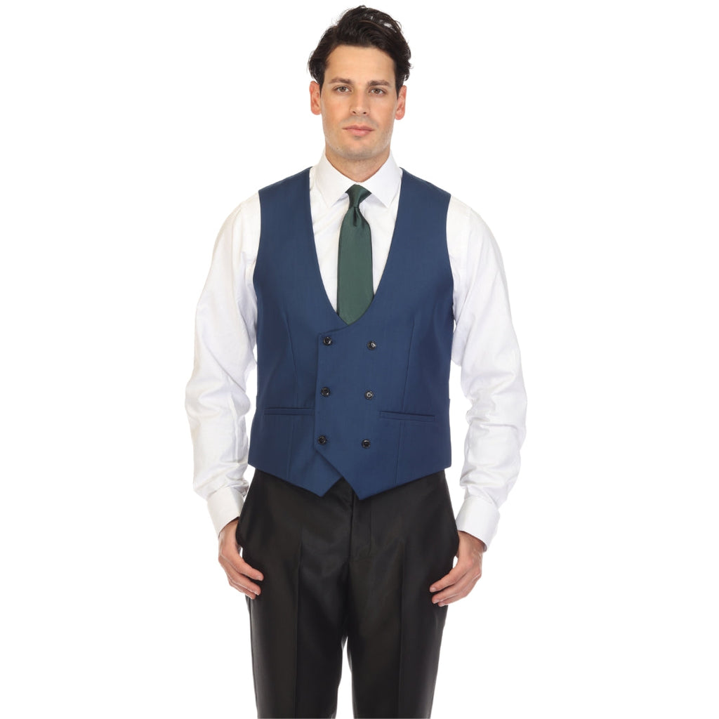 Men's Indigo Double Breasted Vest Set - Cruz Adjustable Wedding Waistcoat with Bow Tie, Necktie & Pocket Square, Sizes 36-54 | Ferrecci