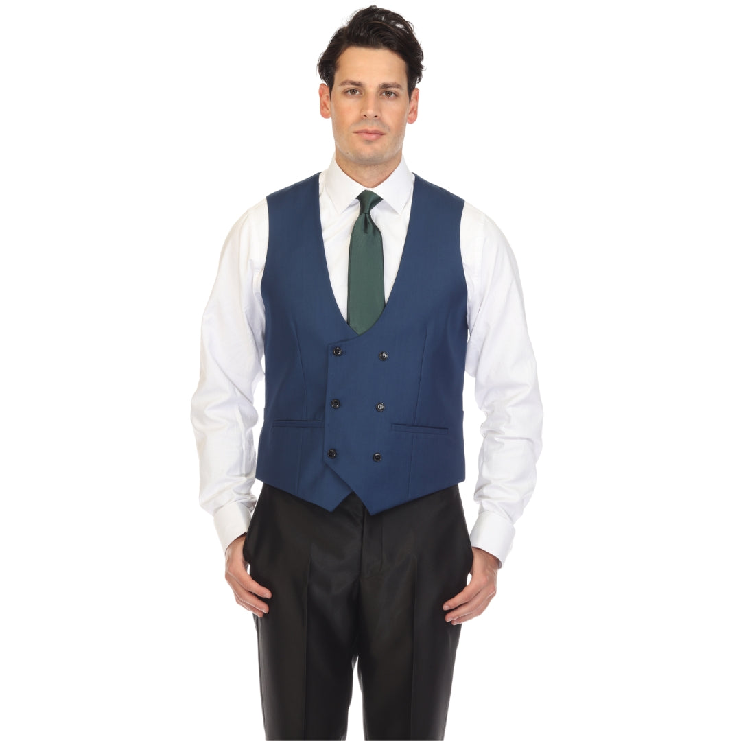 Men's Indigo Double Breasted Vest Set - Cruz Adjustable Wedding Waistcoat with Bow Tie, Necktie & Pocket Square, Sizes 36-54 | Ferrecci