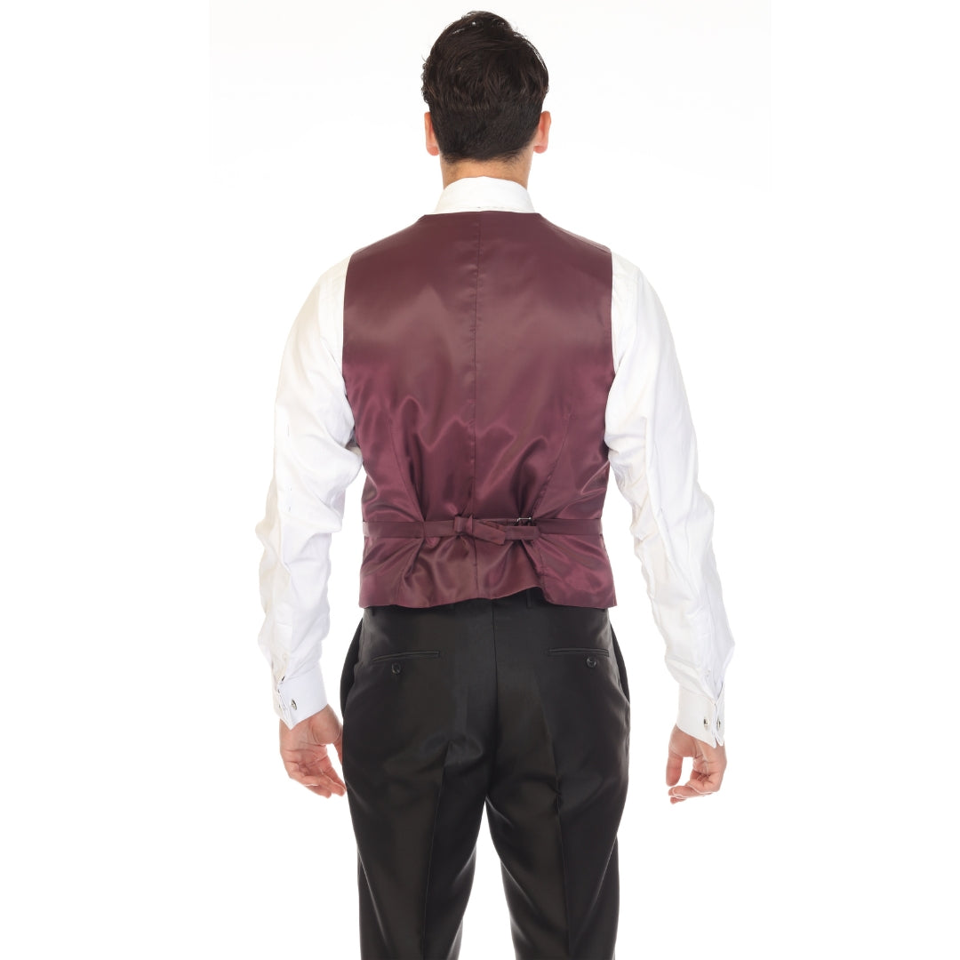 Men's Burgundy Double Breasted Vest Set - Cruz Adjustable Wedding Waistcoat with Bow Tie, Necktie & Pocket Square, Sizes 36-54 | Ferrecci