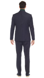 Bellagio Navy White Mens 6 Button Slim Peak Lapel Suit With Double Breasted Suit Pick Stitching Ticket Pocket.