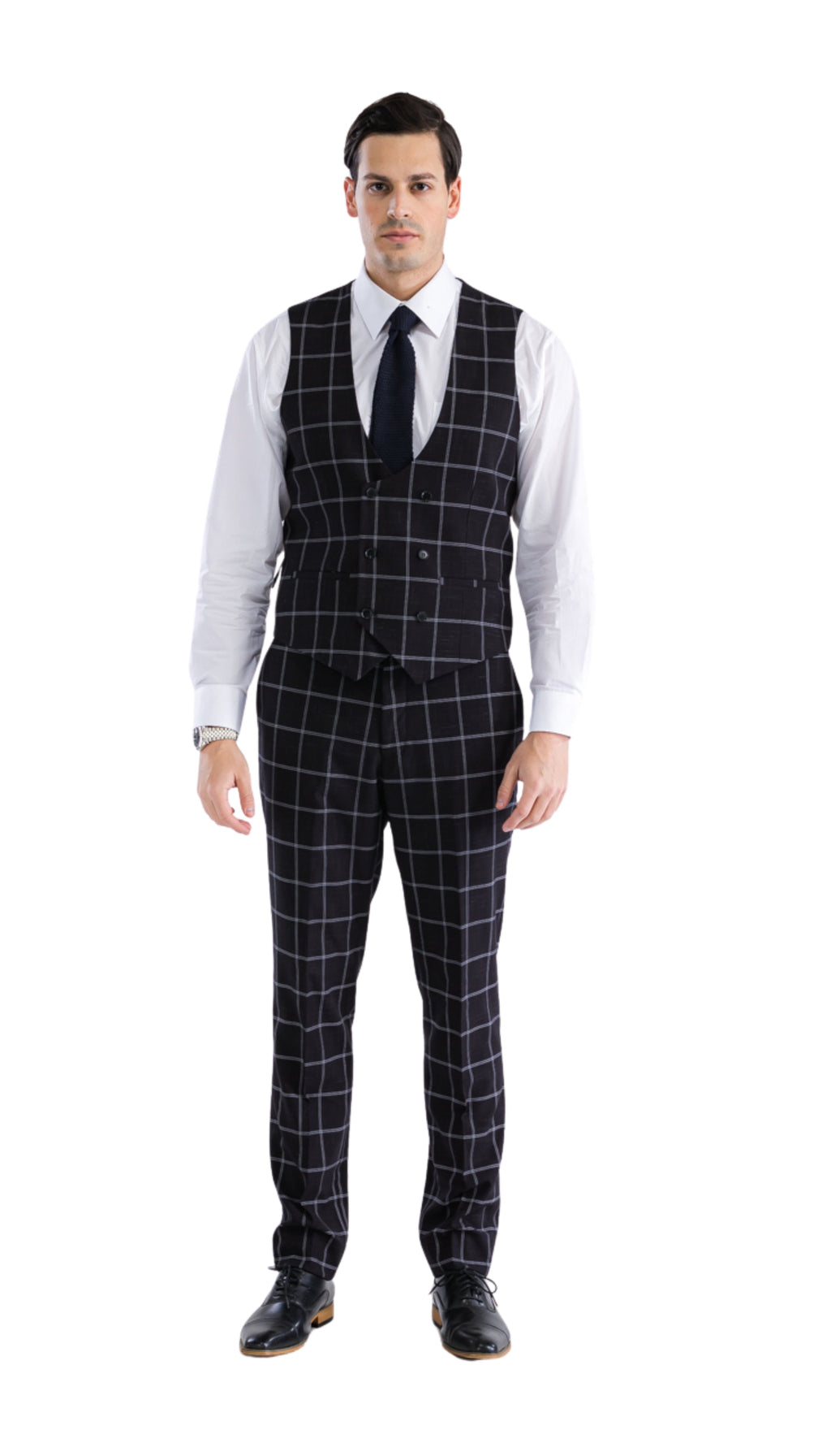 Copper Black Mens 2 Button Slim Notch Lapel Suit With Pick Stitching "U" Shaped Vest Double Breasted