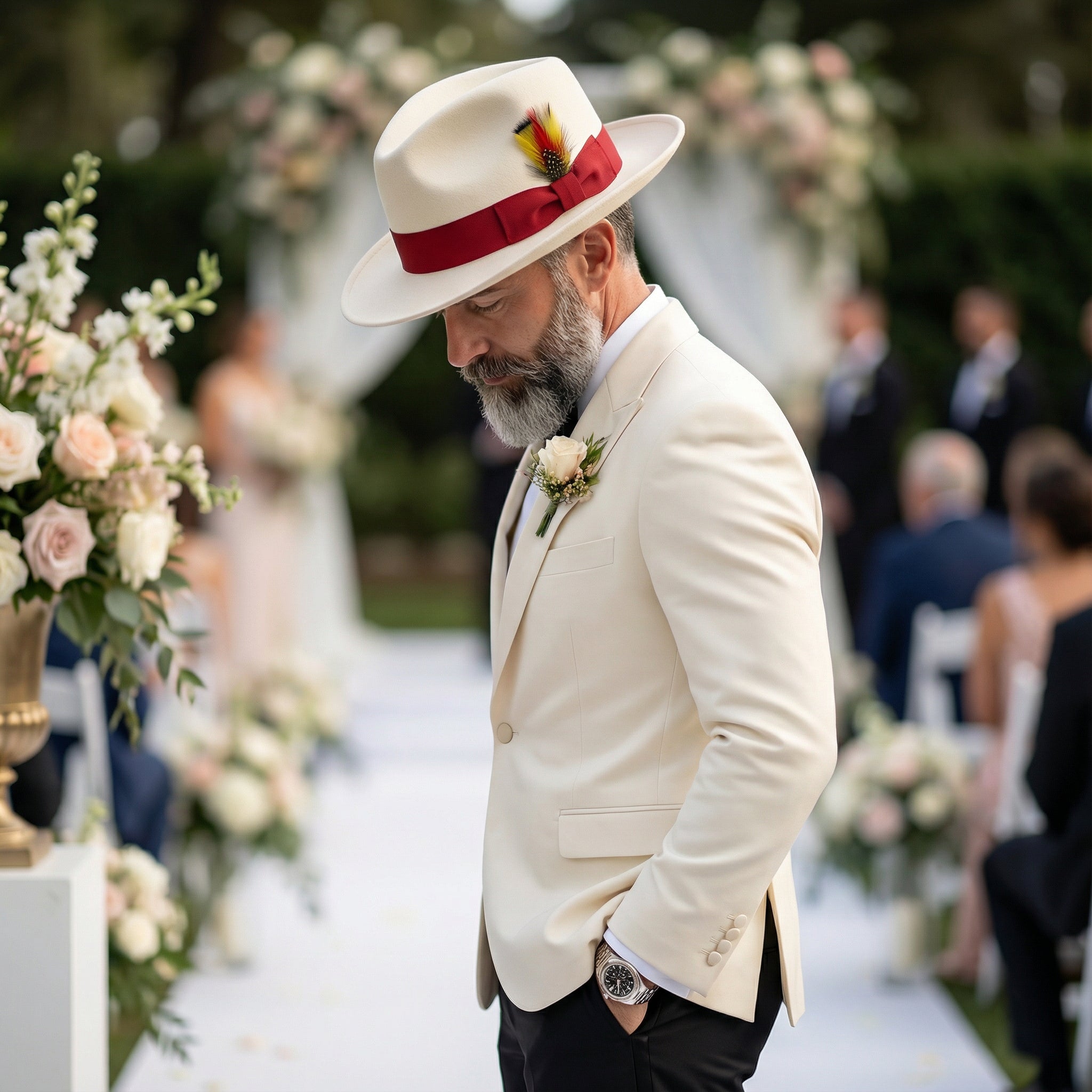 Crushable White/Red 100% Australian Wool Fedora Hat