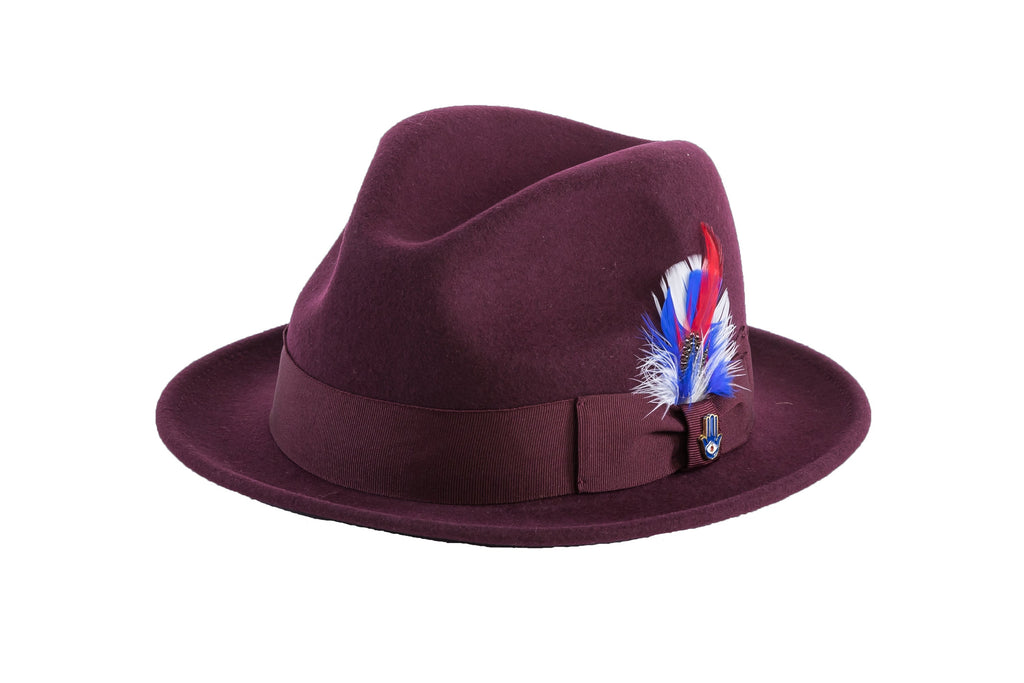 Ferrecci Brooks Trilby Soft 100% Australian Wool Felt Body with Removable Feather burgundy hat Great for Travel