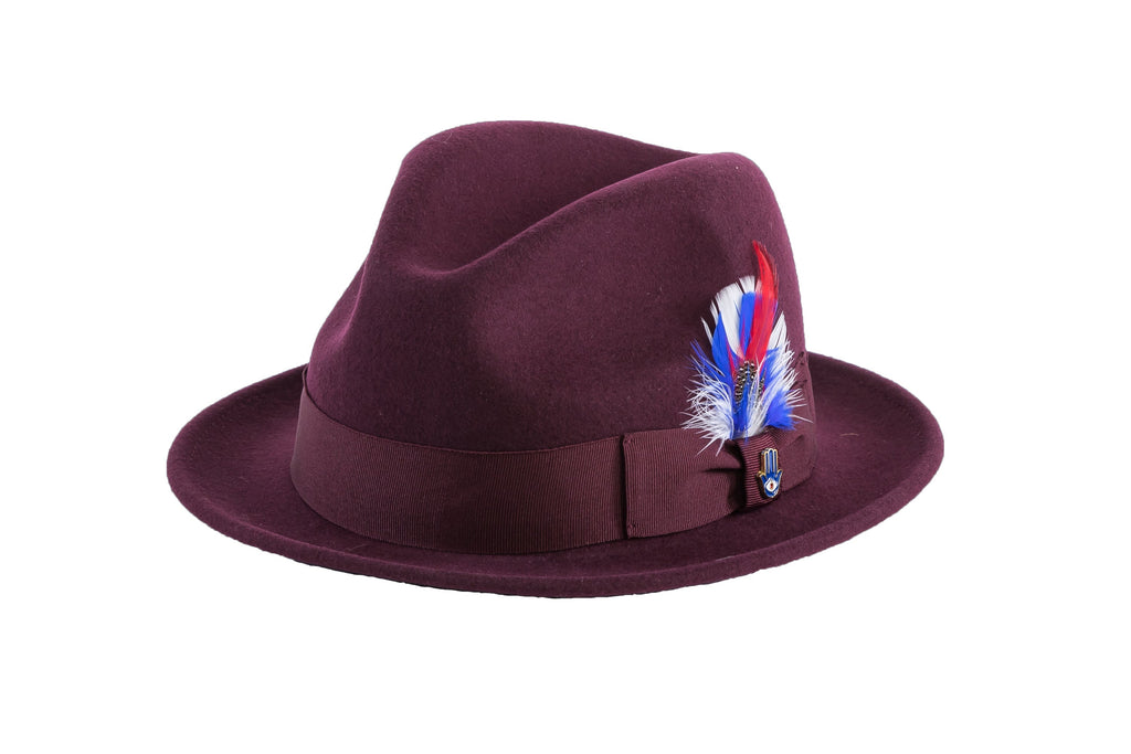 Ferrecci Brooks Trilby Soft 100% Australian Wool Felt Body with Removable Feather burgundy hat Great for Travel