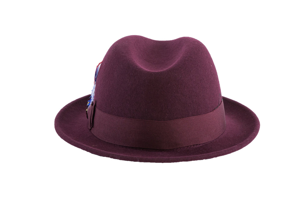 Ferrecci Brooks Trilby Soft 100% Australian Wool Felt Body with Removable Feather burgundy hat Great for Travel