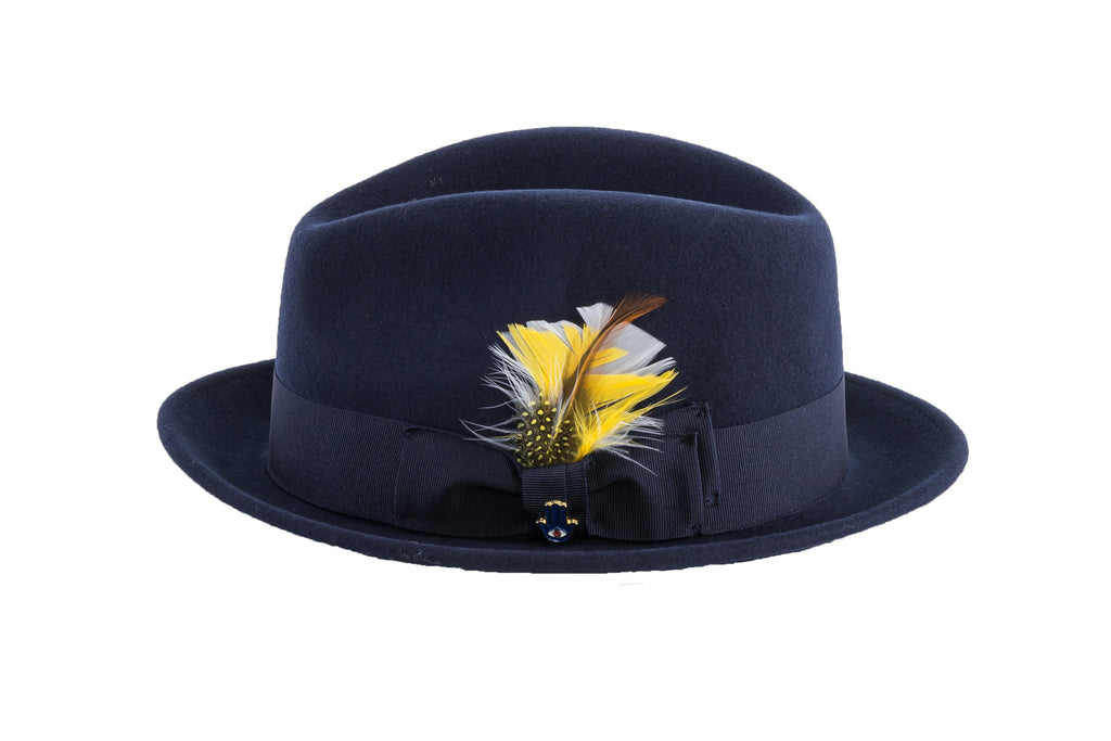 Ferrecci Brooks Soft 100% Australian Wool Felt Body With Removable Feather Navy Blue Hat Great For Travel