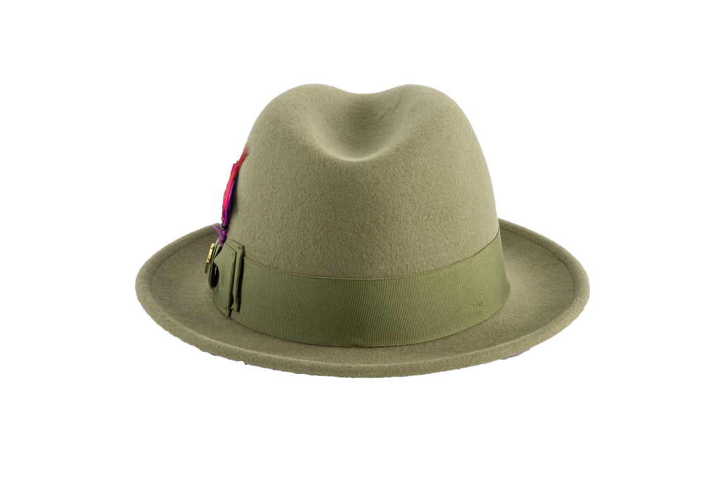 Ferrecci Brooks Trilby Soft 100% Australian Wool Felt Body with Removable Feather olive green hat Great for Travel