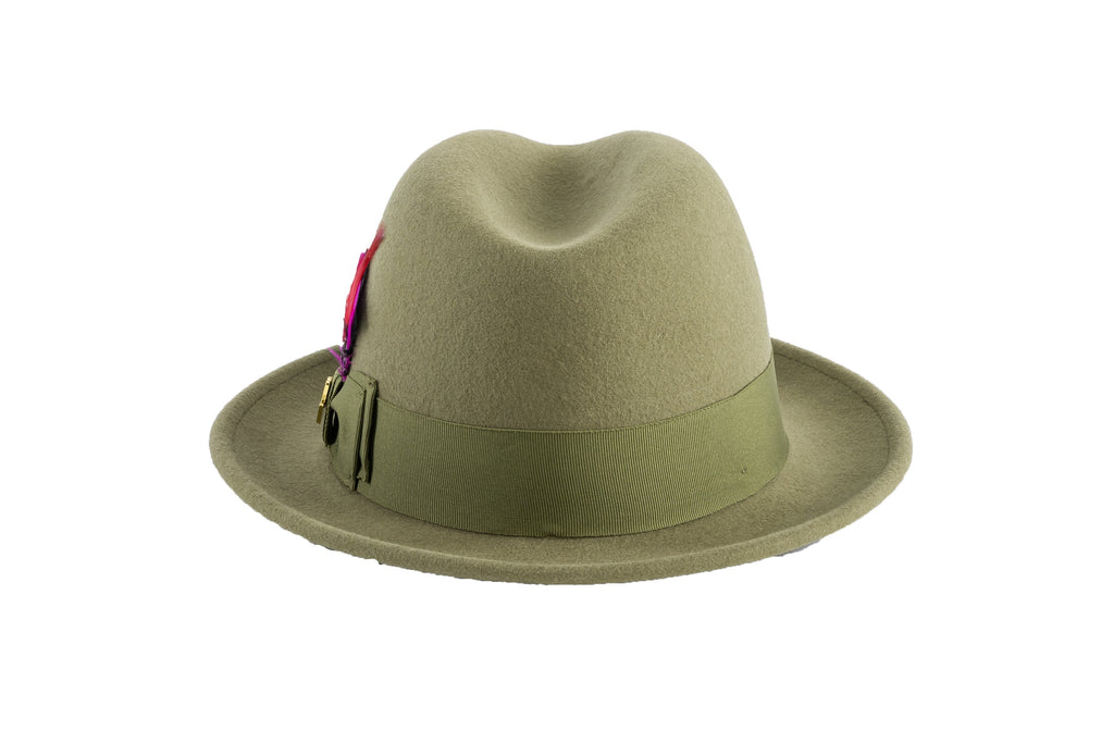 Ferrecci Brooks Trilby Soft 100% Australian Wool Felt Body with Removable Feather olive green hat Great for Travel