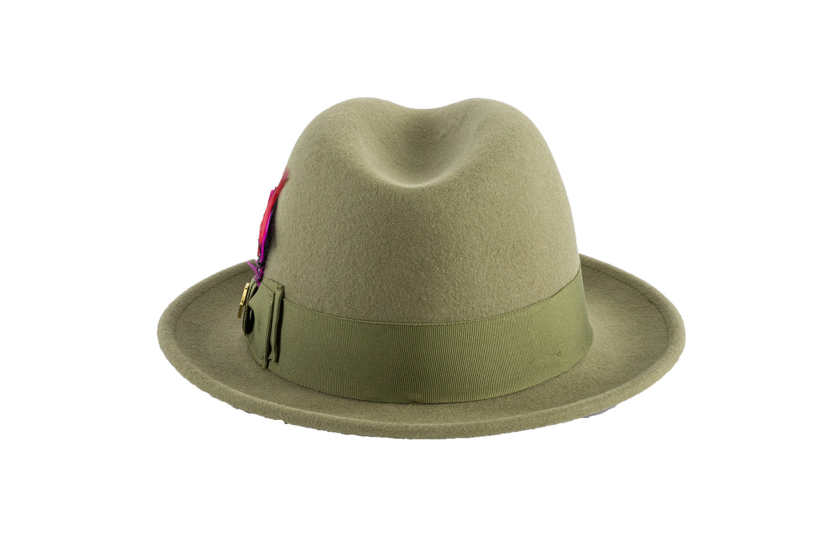 Ferrecci Brooks Trilby Soft 100% Australian Wool Felt Body with Removable Feather olive green hat Great for Travel