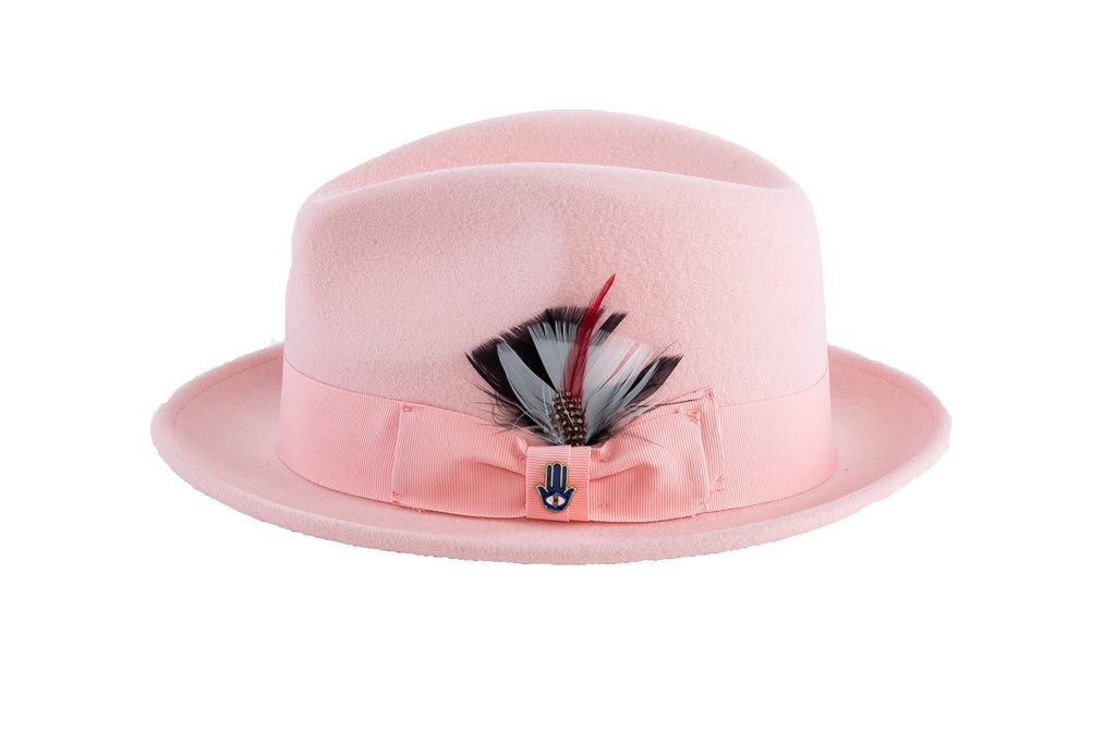 Ferrecci Brooks Trilby Soft 100% Australian Wool Felt Body with Removable Feather pink hat Great for Travel