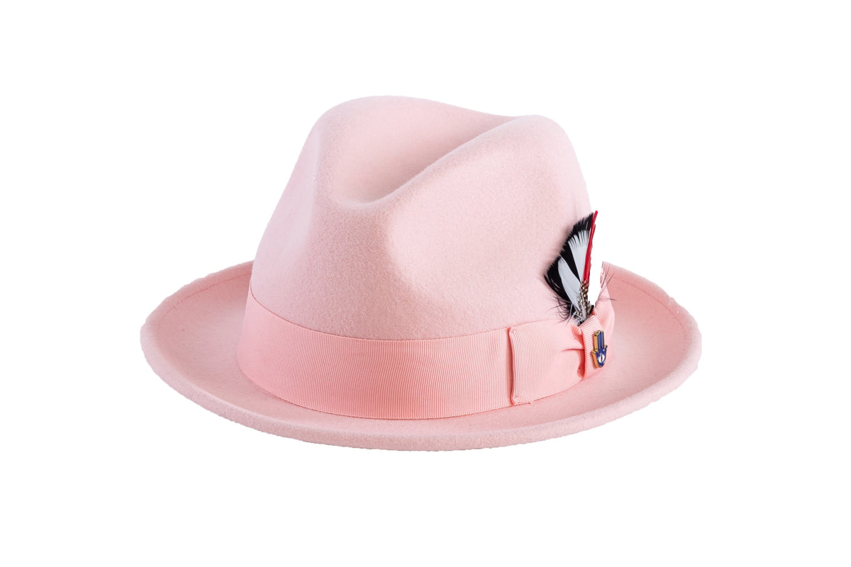 Ferrecci Brooks Trilby Soft 100% Australian Wool Felt Body with Removable Feather pink hat Great for Travel