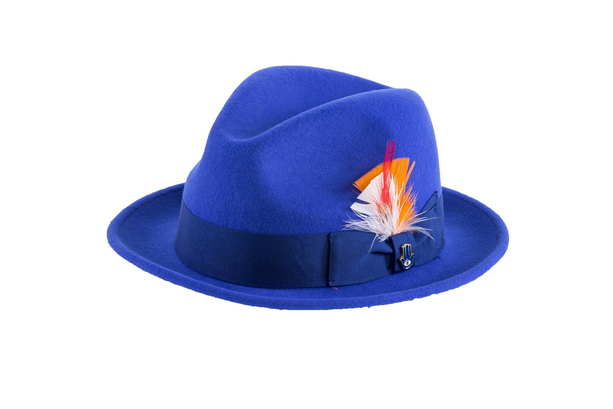 Ferrecci Brooks Soft 100% Australian Wool Felt Body With Removable Feather Royal Blue Hat Great For Travel