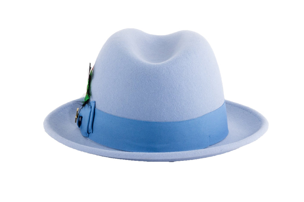 Ferrecci Brooks Trilby Soft 100% Australian Wool Felt Body with Removable Feather sky blue hat Great for Travel