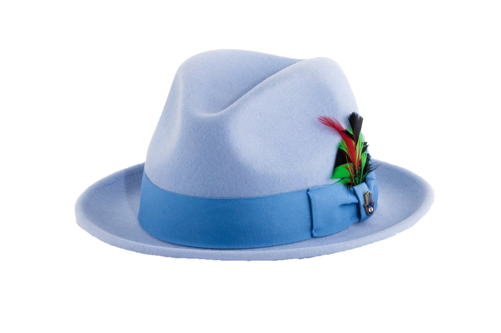 Ferrecci Brooks Trilby Soft 100% Australian Wool Felt Body with Removable Feather sky blue hat Great for Travel