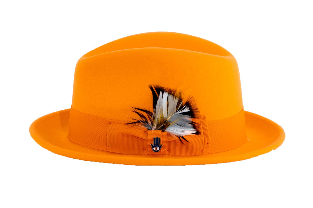 Ferrecci Brooks Trilby Soft 100% Australian Wool Felt Body with Removable Feather tangerine hat Great for Travel