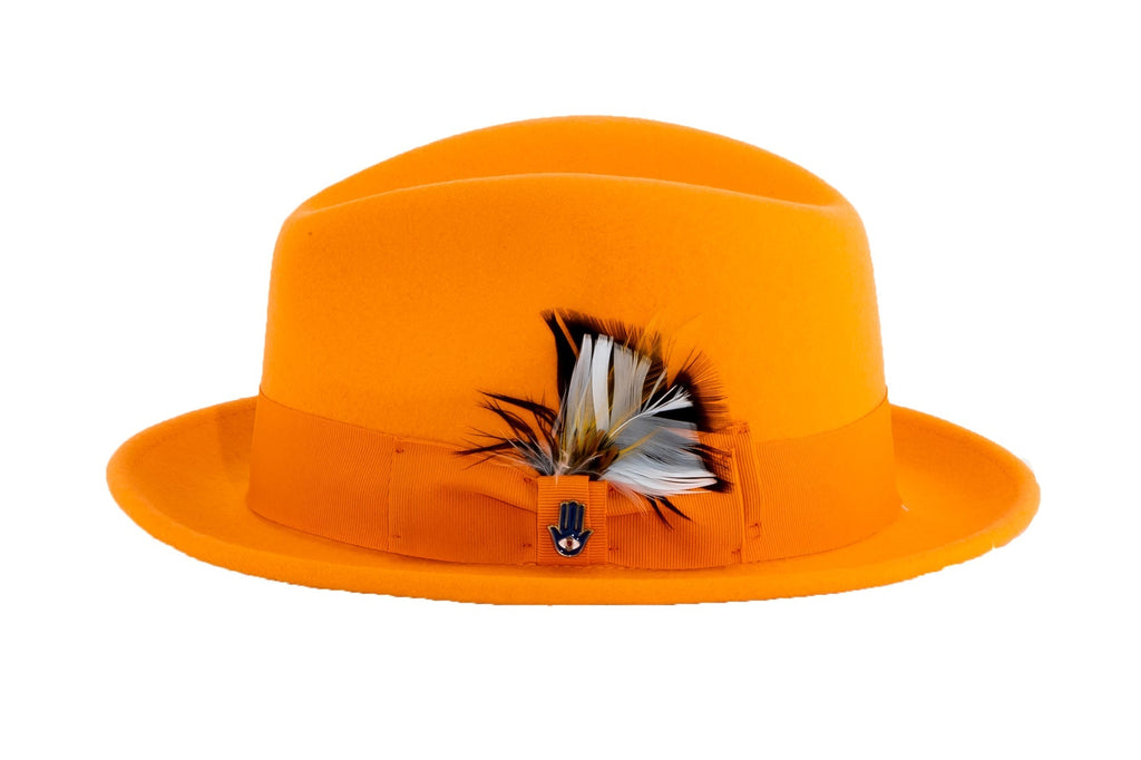 Ferrecci Brooks Trilby Soft 100% Australian Wool Felt Body with Removable Feather tangerine hat Great for Travel