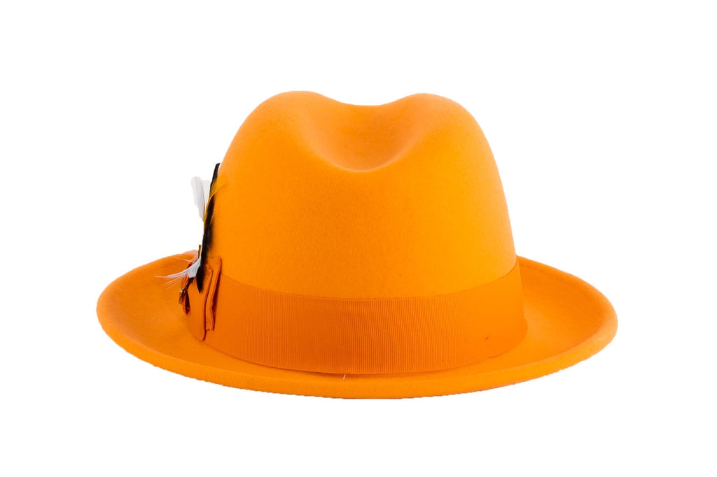 Ferrecci Brooks Trilby Soft 100% Australian Wool Felt Body with Removable Feather tangerine hat Great for Travel