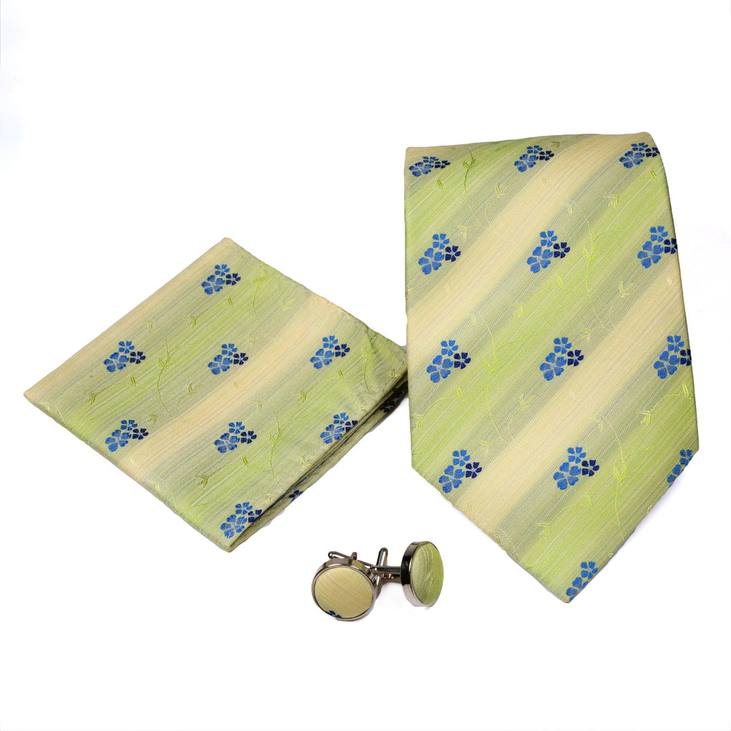 Men's Green-Blue Striped Floral Pattern Design 4-pc Necktie Box Set