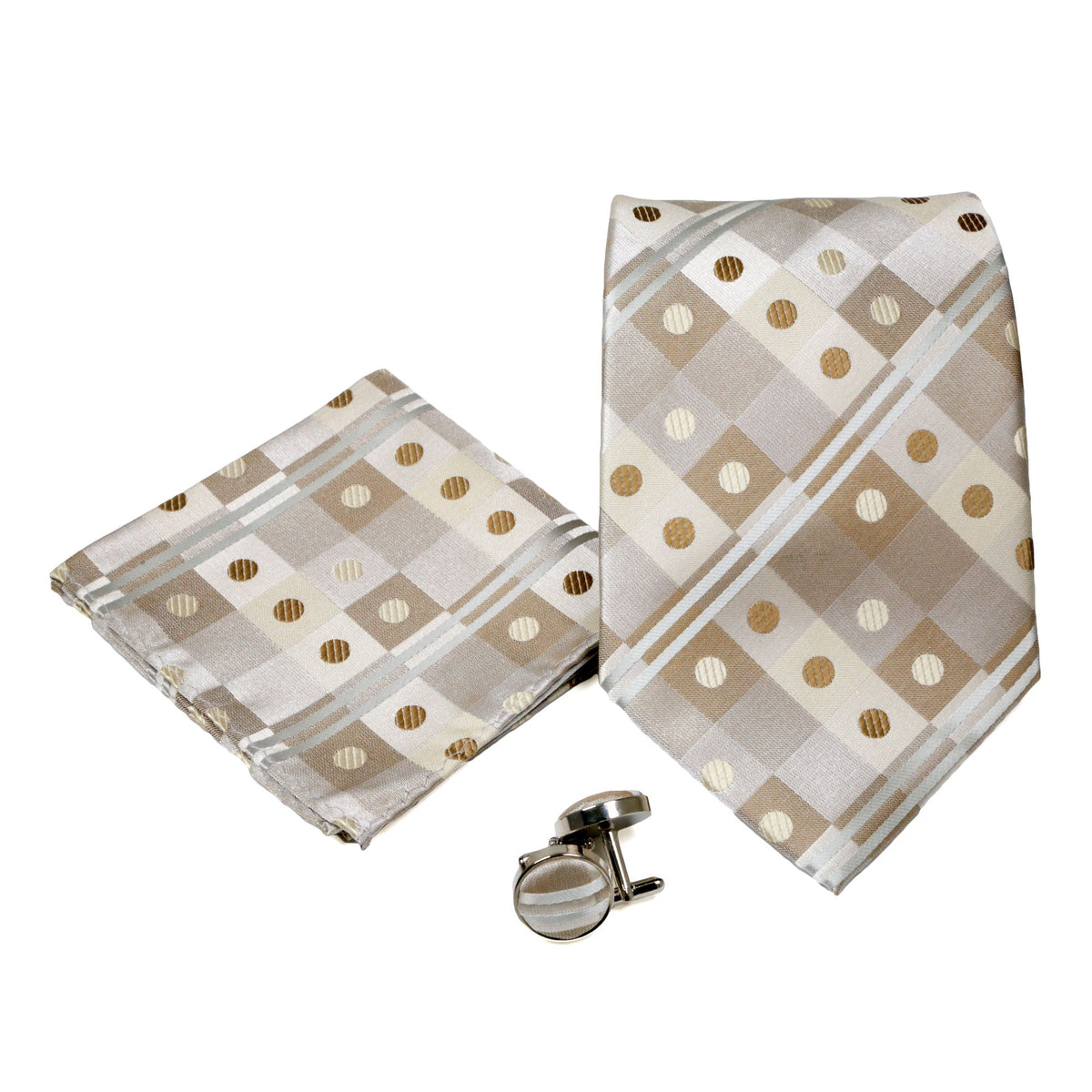 Men's Beige/Brown Square Geometric Pattern Design 4-pc Necktie Box Set