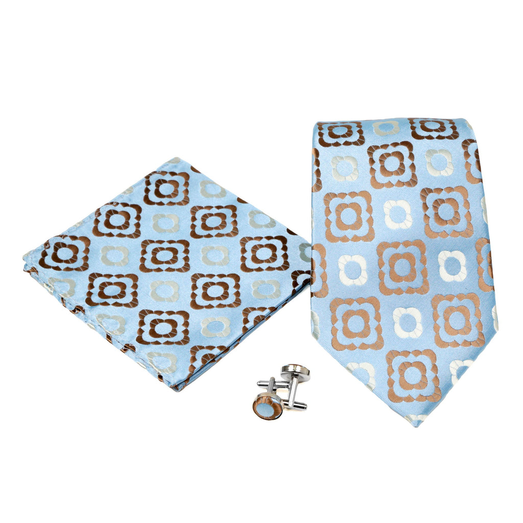 Men's Light Blue-Brown Geometric Pattern Design 4-pc Necktie Box Set