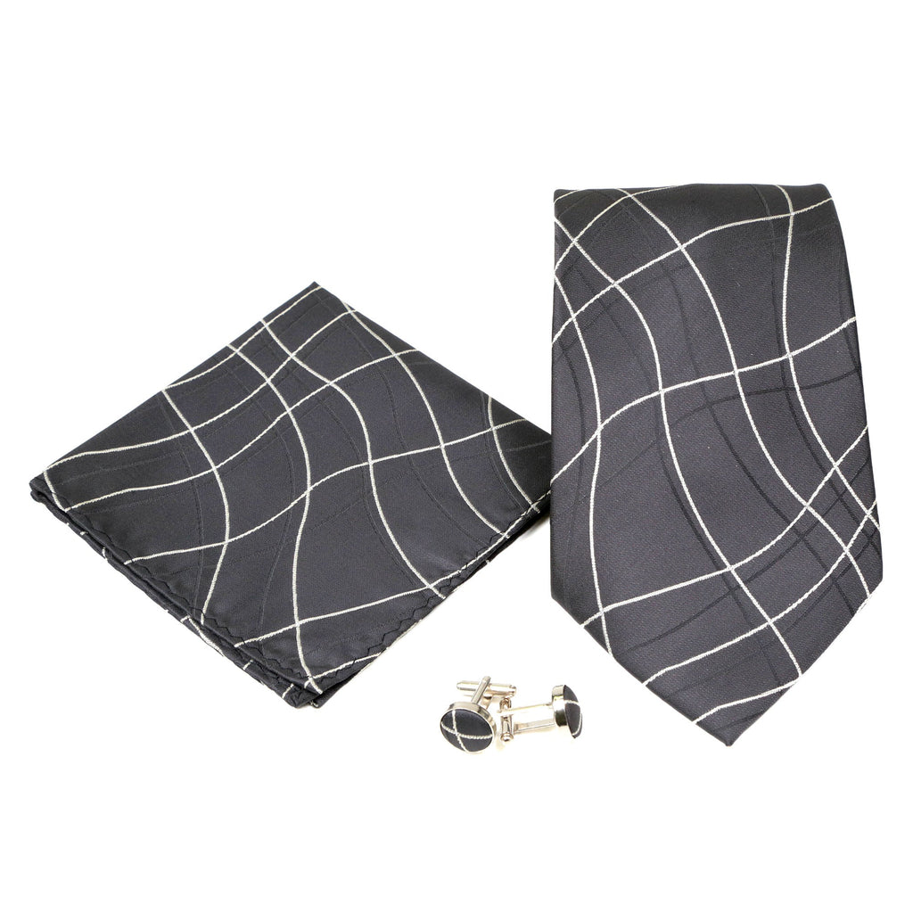Men's Black-White Wavy String Pattern Design 4-pc Necktie Box Set