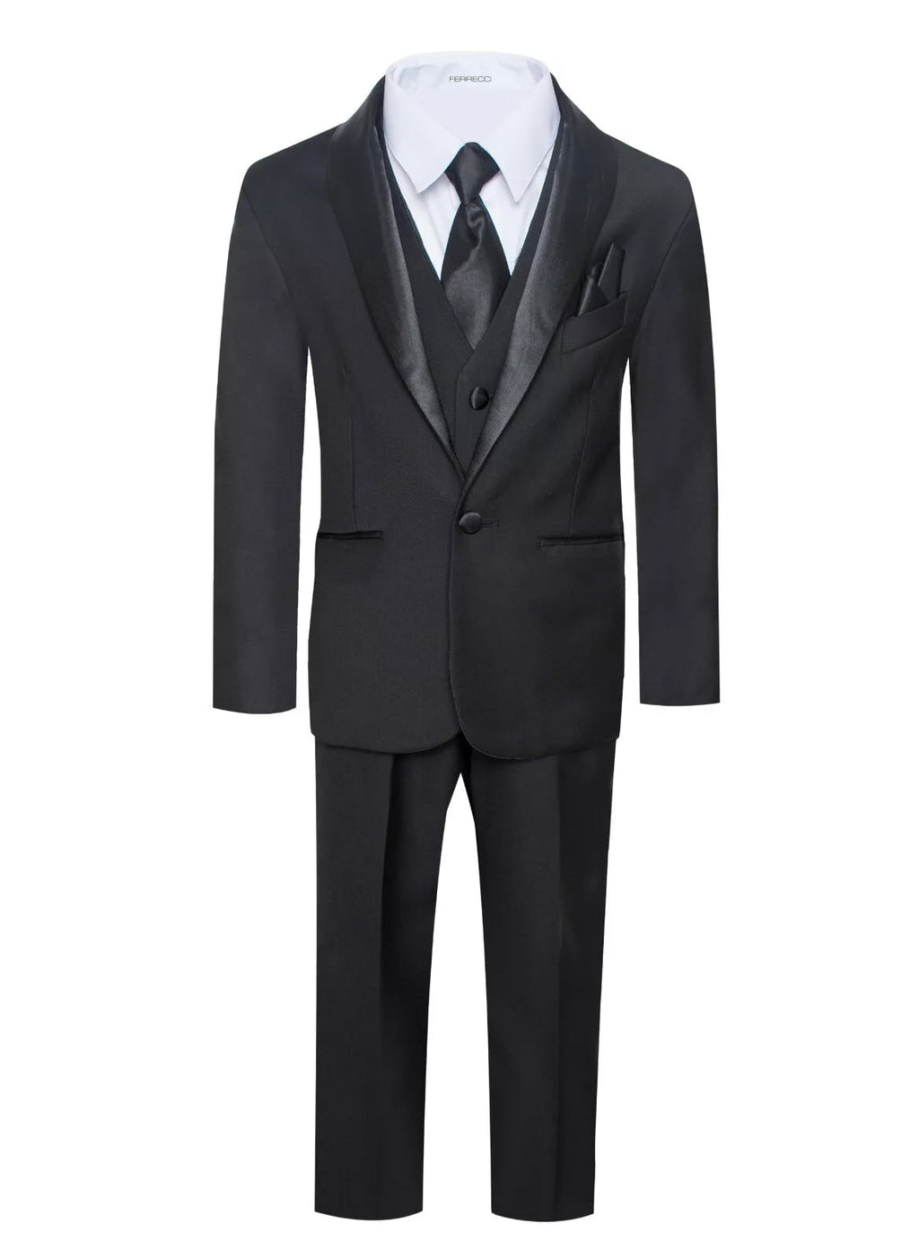 Boys Black Shawl Collar Tuxedo – 5-Piece Complete Outfit | Ferrecci Reno Jr