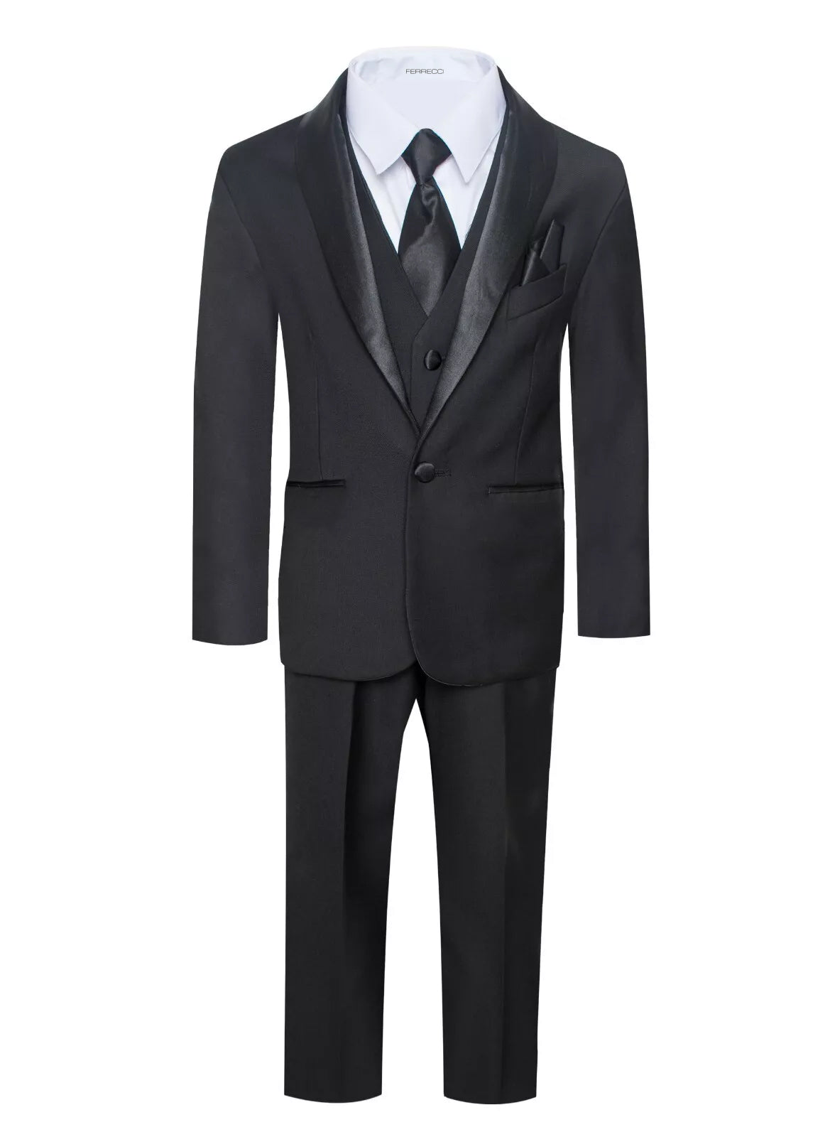 Boys Black Shawl Collar Tuxedo – 5-Piece Complete Outfit | Ferrecci Reno Jr
