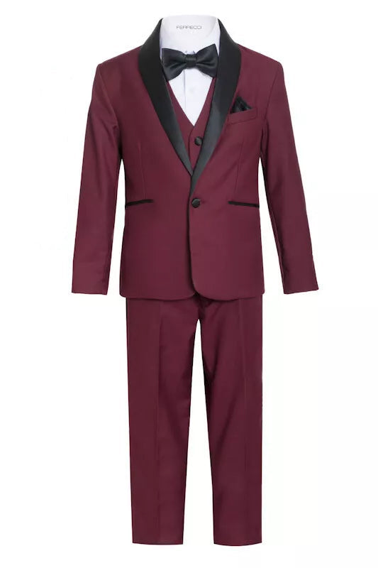 Boys Burgundy Shawl Collar Tuxedo – 5-Piece Complete Outfit | Ferrecci Reno Jr