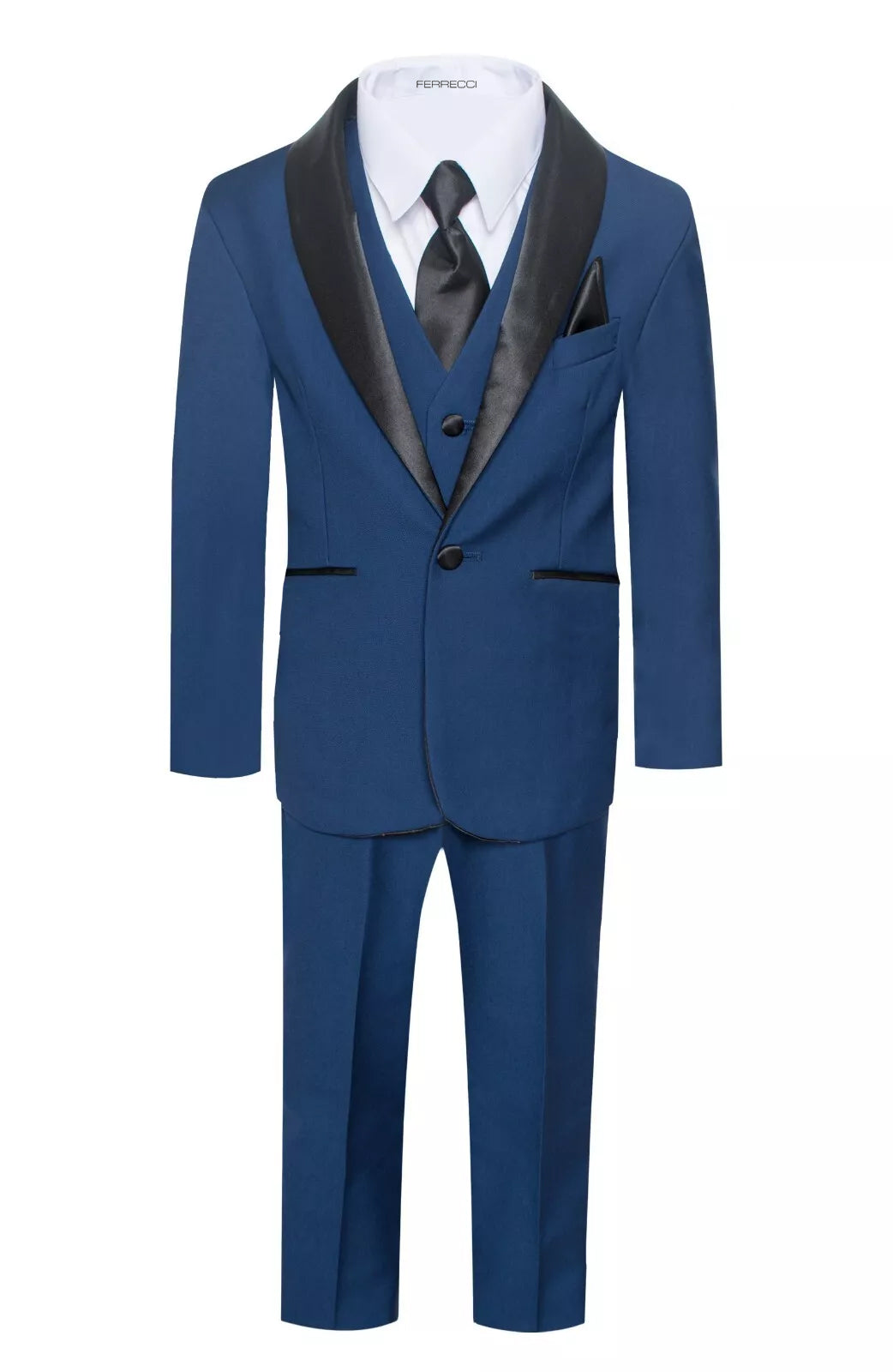 Boys Indigo Shawl Collar Tuxedo – 5-Piece Complete Outfit | Ferrecci Reno Jr