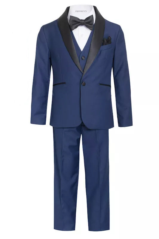 Boys Navy Shawl Collar Tuxedo – 5-Piece Complete Outfit | Ferrecci Reno Jr