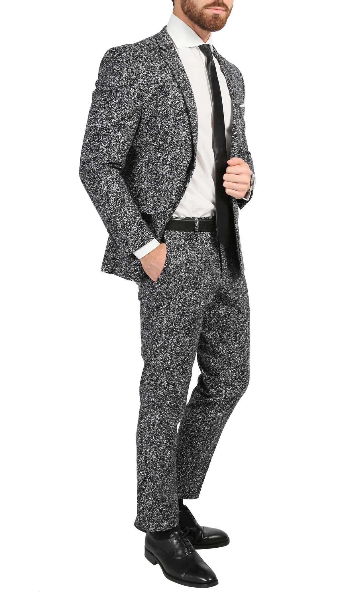 Chicago Slim Fit Black & White Spotted Notch Lapel Suit