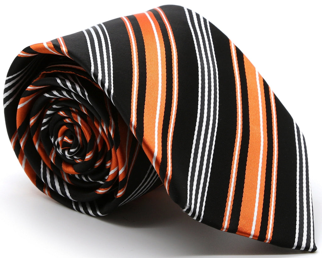 Mens Dads Classic Black Orange Striped Pattern Business Casual Necktie & Hanky Set D-4