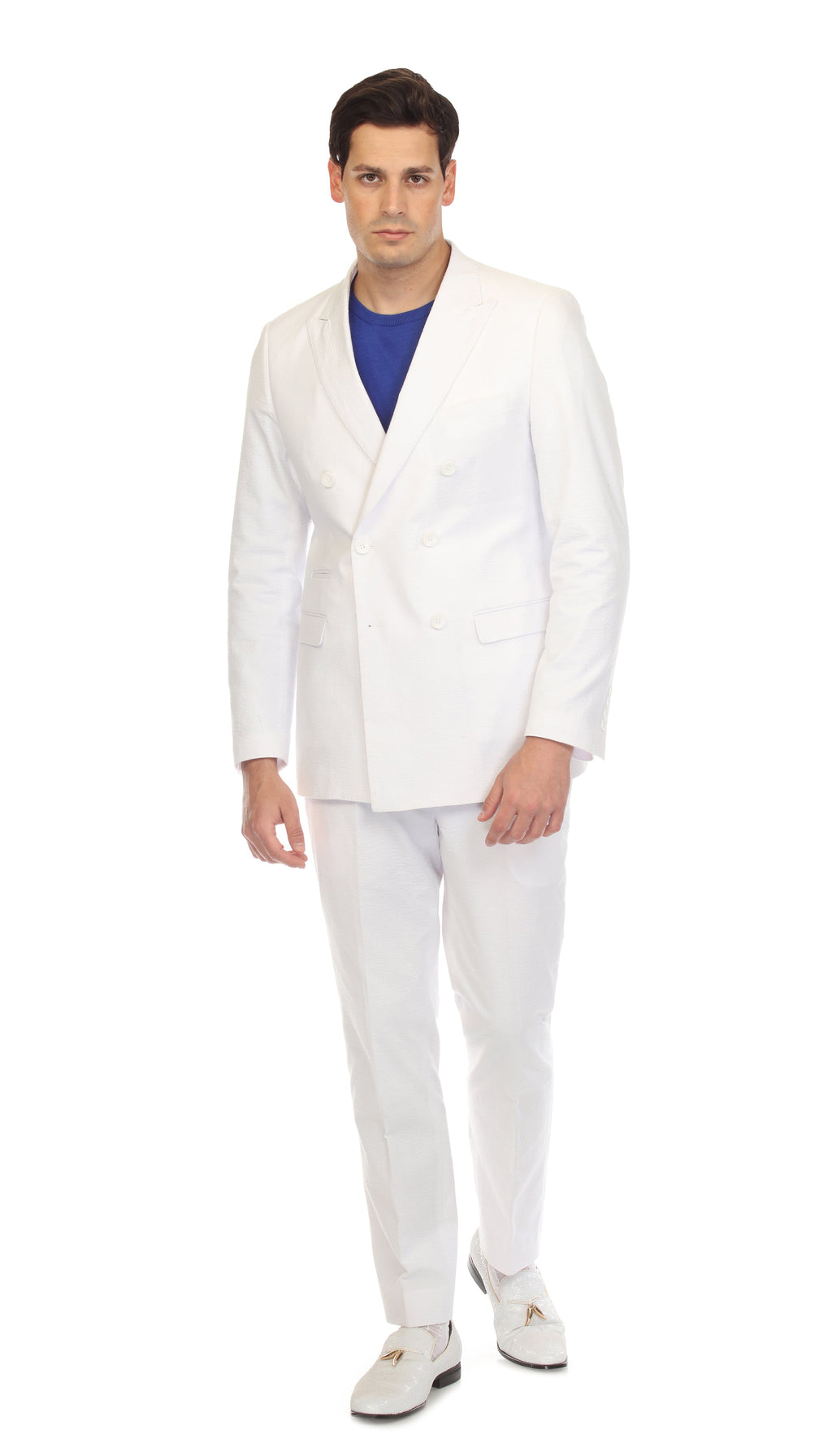 Men's White Double Breasted Slim Fit Seersucker Suit