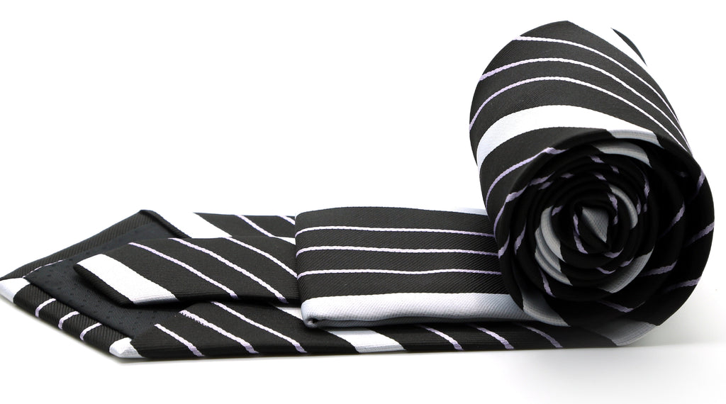 Mens Dads Classic Black Striped Pattern Business Casual Necktie & Hanky Set EO-8