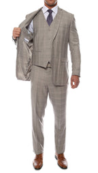 Lazio Taupe Grey 3pc Vested Slim Fit Plaid Suit