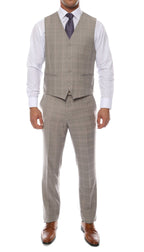 Lazio Taupe Grey 3pc Vested Slim Fit Plaid Suit