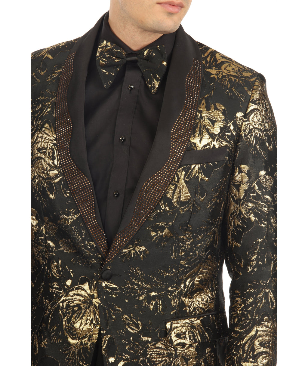Men's Midnight Gold Shawl Collar Tuxedo 1 Button 2 Vent Slim Fit Blazer