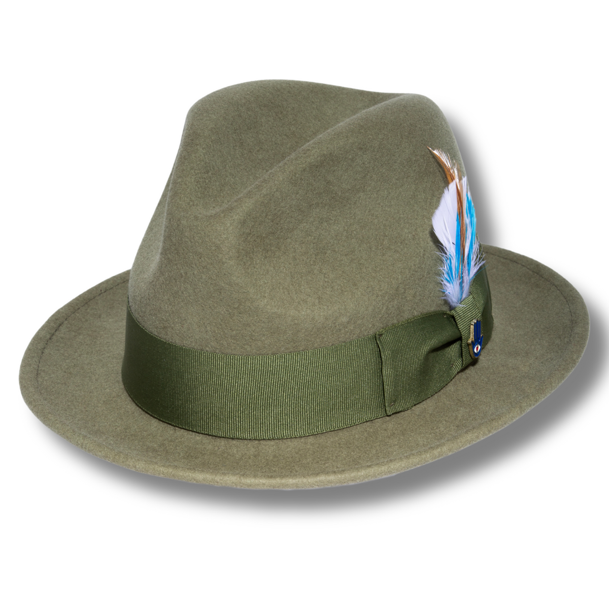 Ferrecci Brooks Trilby Soft 100% Australian Wool Felt Body with Removable Feather olive green hat Great for Travel